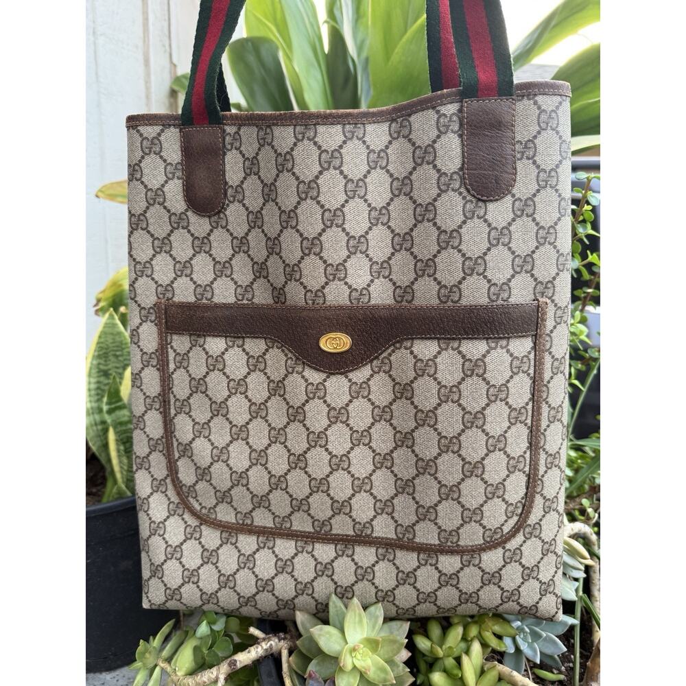 Vintage GUCCI Tote Bag Sherry Line GG Brown PVC Leather Shoulder Authentic